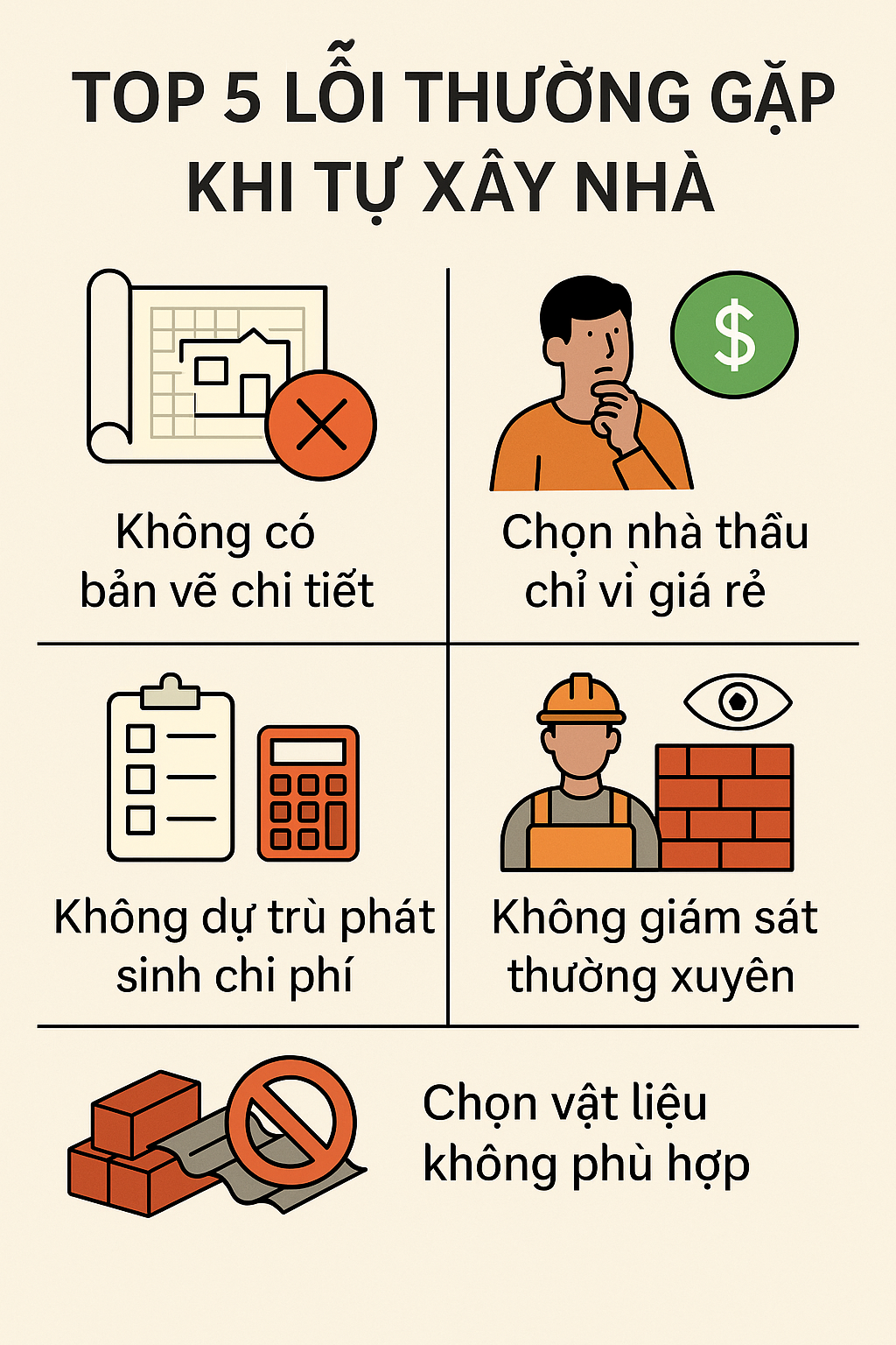 🚧 TOP 5 SAI LẦM PHỔ BIẾN KHI TỰ XÂY NHÀ: ĐỌC NGAY ĐỂ TRÁNH "MẤT TIỀN OAN"!